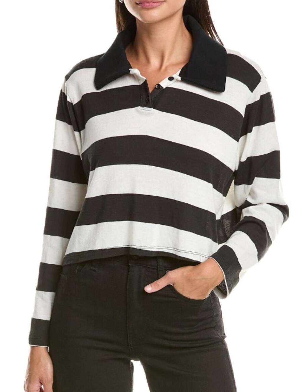 ASKK NY Black & White Striped Cropped Polo Sweater